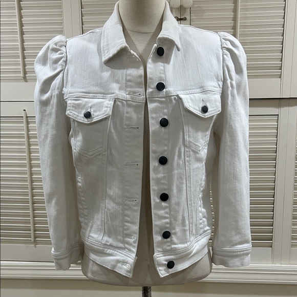 New Retrofete Women's White Denim Jacket with Puff Shoulders - Picture 3 of 11